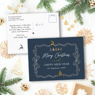 Blue : Festive Bow & Tree Doodles Carte postale de