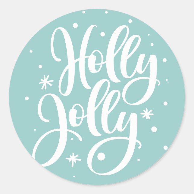 Blue Festive Holly Jolly Hand Lettered Holiday Classic Round Sticker (Front)