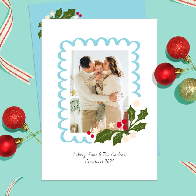 Blue Festive Scallop Frame with Holly One Photo Holiday Card (Icy blue scallops frame a personal picture on this festive holly themed Christmas photo card)