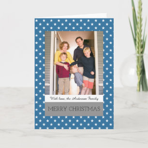 Blue Festive Stars Holiday Photo Greeting Card