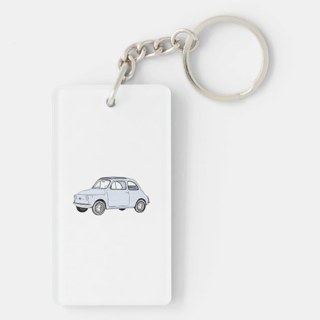 Blue Fiat 500 Topolino Pencil Drawing Acrylic Keychain (Back)