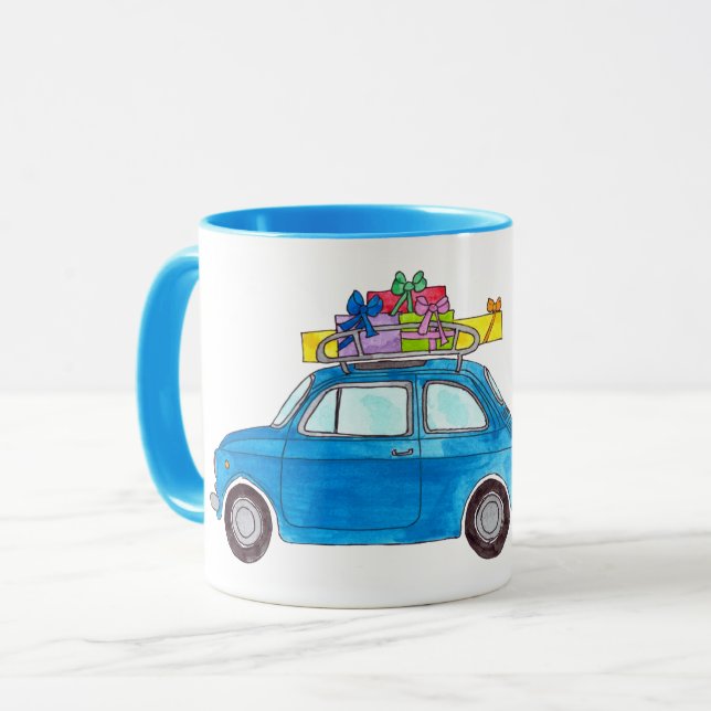 Blue Fiat 500 with Christmas Gifts Watercolor Mug (Front Left)