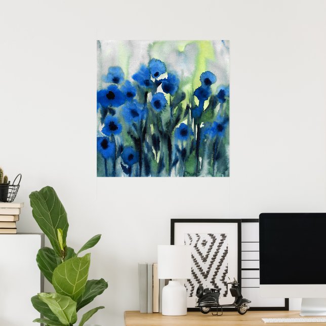'Blue Field of Flowers' Abstract Watercolor Poster (Home Office)