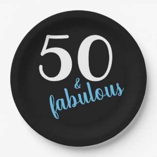 Blue Fifty and Fabulous Black Birthday Party Paper Plate