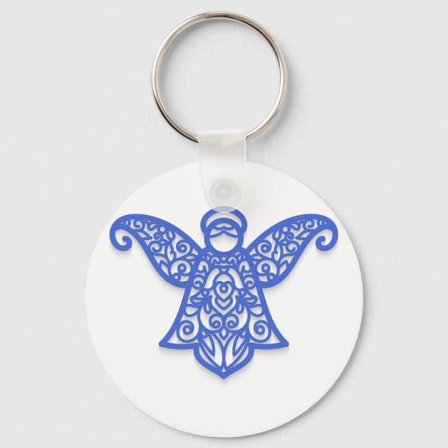 Blue Filigree Angel Silhouette Ornate Lace Keychain (Front)