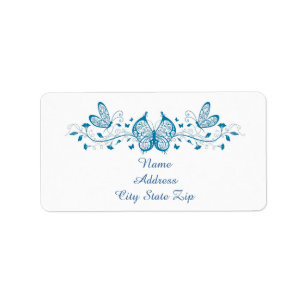 Blue filigree butterflies and flowers label