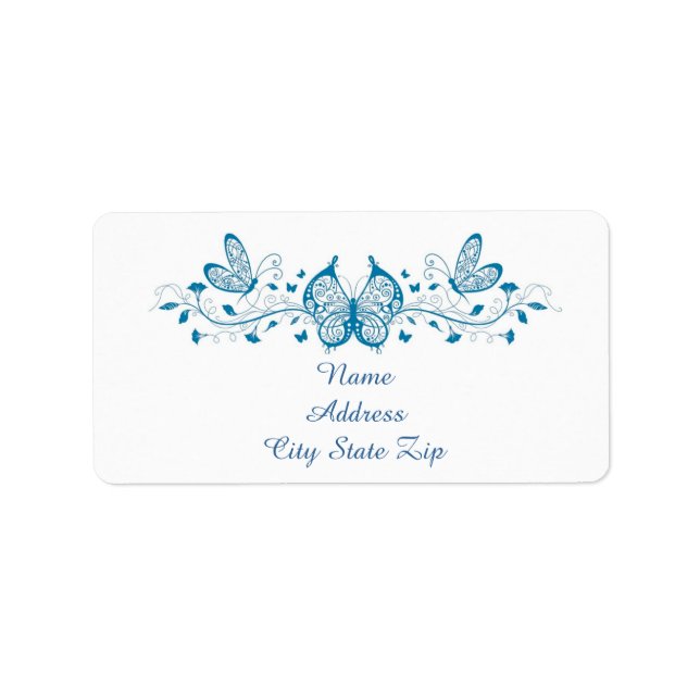 Blue filigree butterflies  and flowers label (Front)