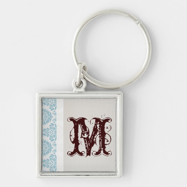 Blue Filigree Damask Key Chain (Front)