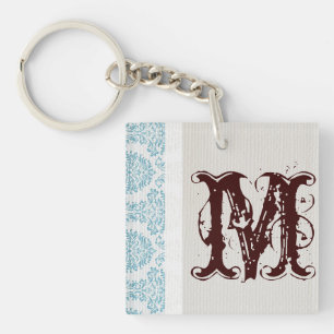 Blue Filigree Damask Key Chain