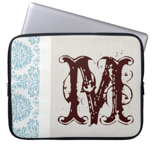 Blue Filigree Damask Monogram 15" Laptop Case