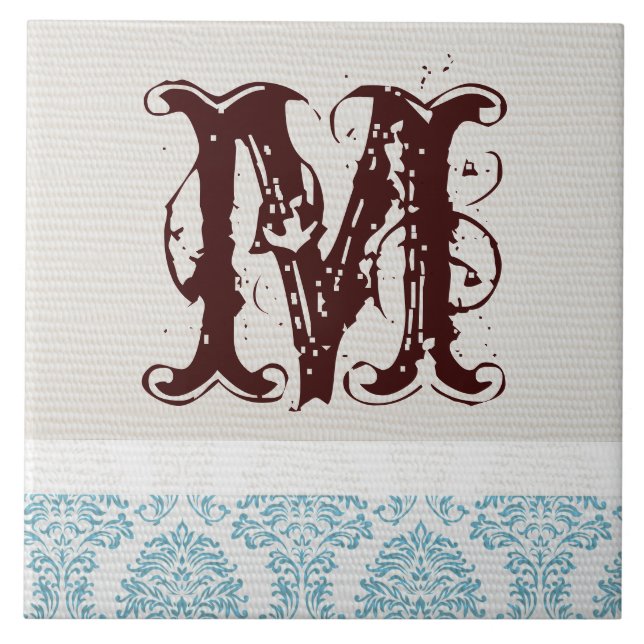 Blue Filigree Damask Monogram Display Tile (Front)