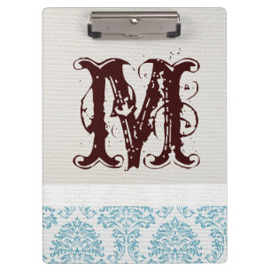 Blue Filigree Damask Monogram Initial Clip Board
