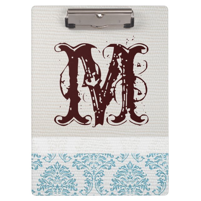 Blue Filigree Damask Monogram Initial Clip Board (Front)