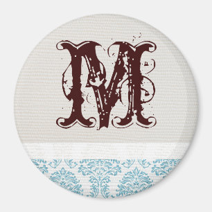 Blue Filigree Damask Monogram Initial Magnet
