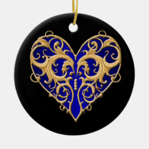 Blue Filigree Heart Round Ornament