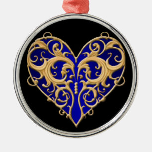 Blue Filigree Heart Round Ornament