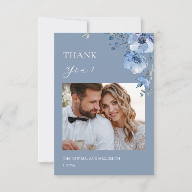 Blue Fine Art Flowers Wedding Thank You Card (Front)