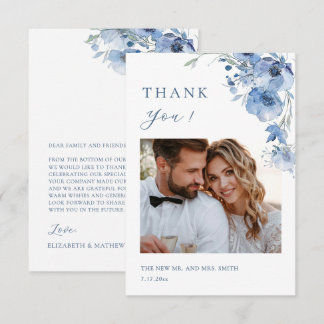 Blue Fine Art Flowers Wedding Thank You Card