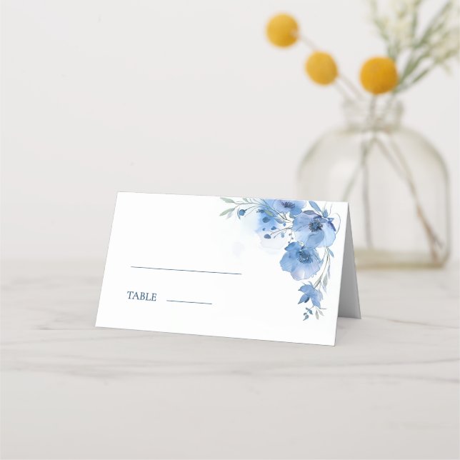 Blue Fine Art Watercolor Flowers Wedding Place Card (Front)