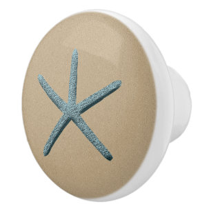 Blue Finger Starfish  On Sand Ceramic Knob