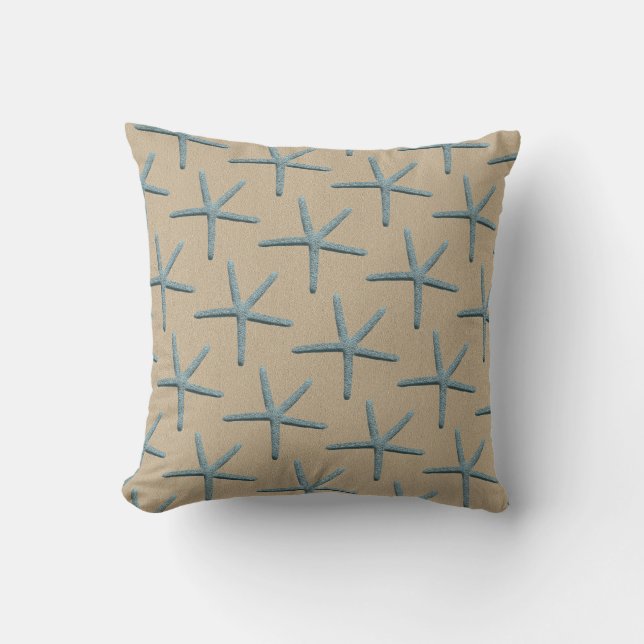 Blue Finger Starfish Pattern On Sand Coloured Outdoor Pillow (Front)