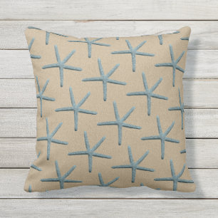 Blue Finger Starfish Pattern On Sand Coloured Outdoor Pillow