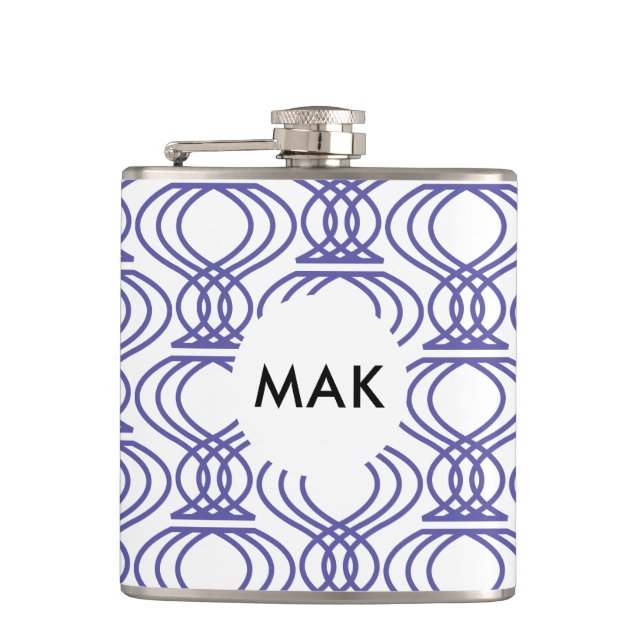 Blue Finial Pattern Name Monogram Hip Flask (Front)