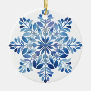 Blue Fir Snowflake Ornament Watercolor Leaf Chri