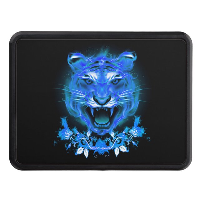 Blue Fire Flaming Tiger Cat Trailer Hitch Cover (Front)