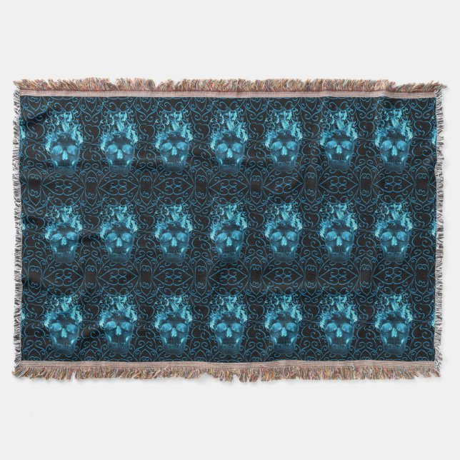 Blue Fire Skull Throw Blanket (Front)
