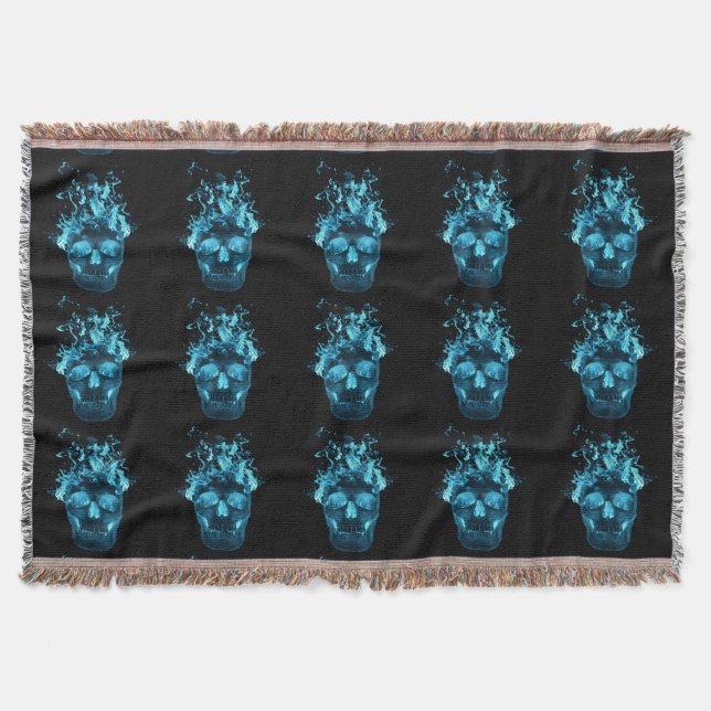 Blue Fire Skull Throw Blanket (Front)