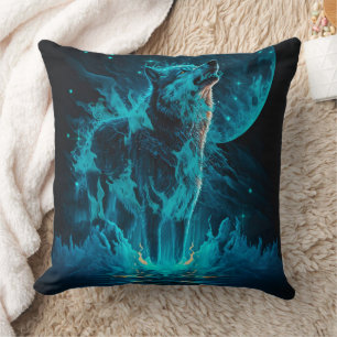 Blue Fire Wolf Throw Pillow