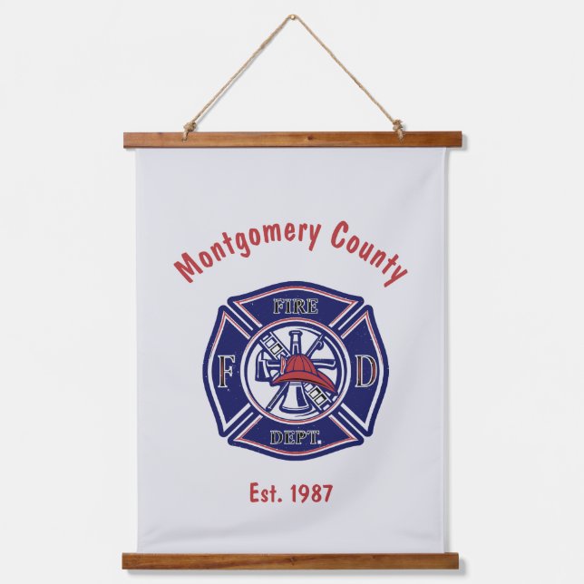 Blue Firefighter Badge Logo Custom Hanging Tapestry (Front)