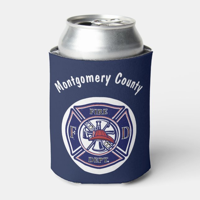 Blue Firefighter Badge Logo Personalized  Can Cooler (Can Front)