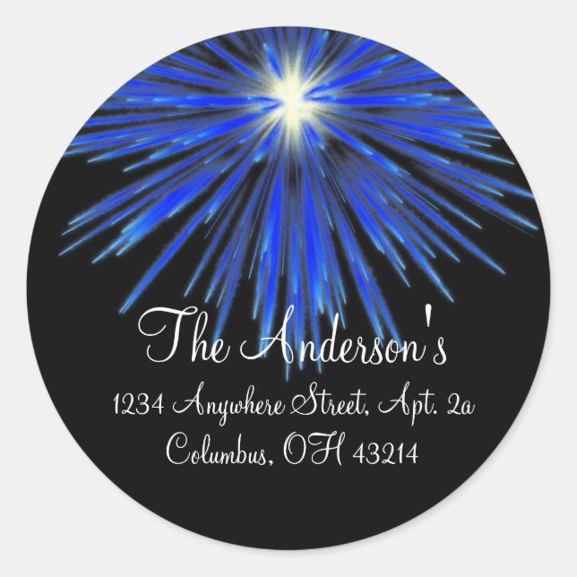 Blue Firework Return Address Labels - Round (Front)