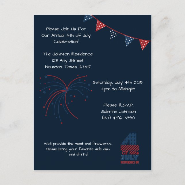 Blue Fireworks 4th of July Party Invitation Postcard (Front)