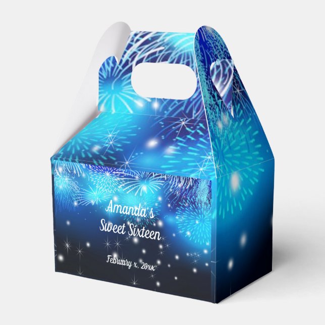 Blue Fireworks, Black, Sparkle, Sweet Sixteen, Favor Box (Front Side)