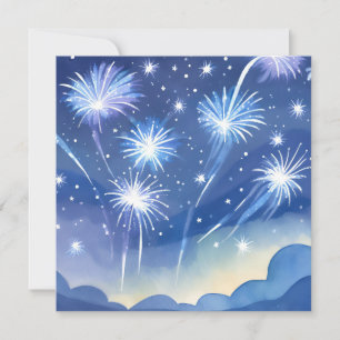 Blue Fireworks Celebration Watercolor Card
