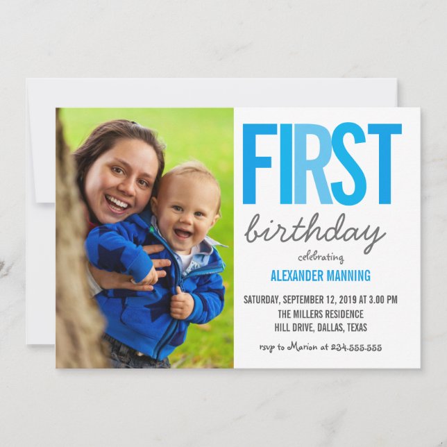 Blue First Birthday Typography Polka Dots Photo Invitation (Front)