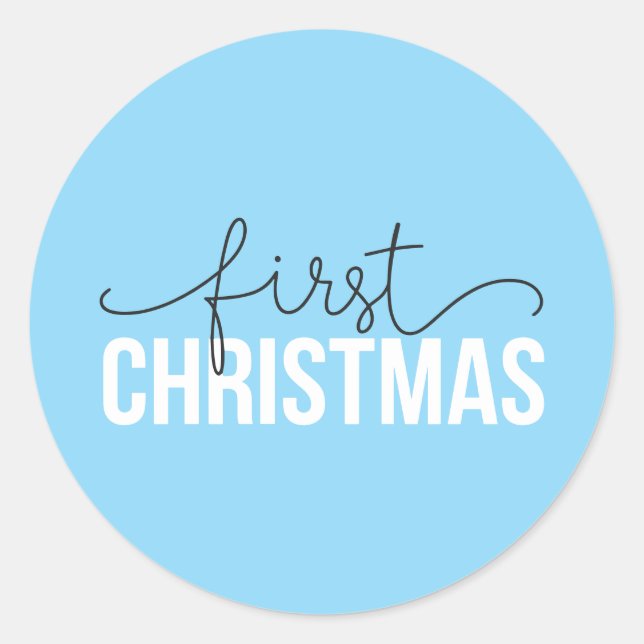 Blue "First Christmas" Modern for New Parents Classic Round Sticker (Front)