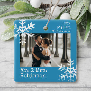 Blue First Christmas Mr. & Mrs. Custom Photo Ceramic Ornament