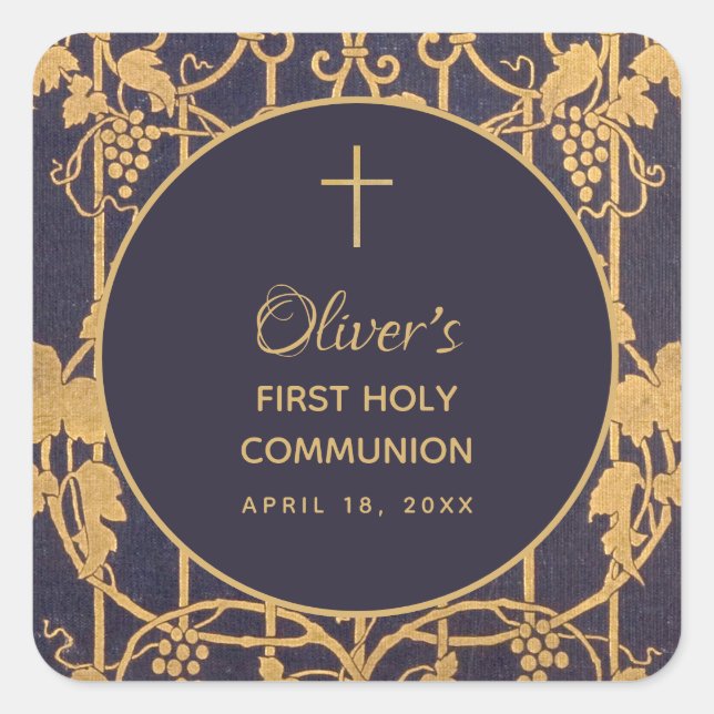 Blue First Communion Boy Gold Grape Vines Square Sticker (Front)