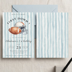 Blue First Down Editable Football 1st Birthday Invitation