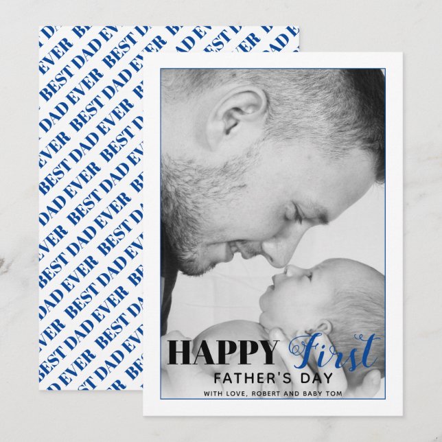 Blue First Father's Day typography photo card (Front/Back)