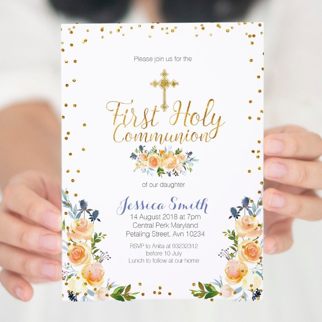 Blue First Holy Communion Gold invitation floral (Créateur téléchargé)