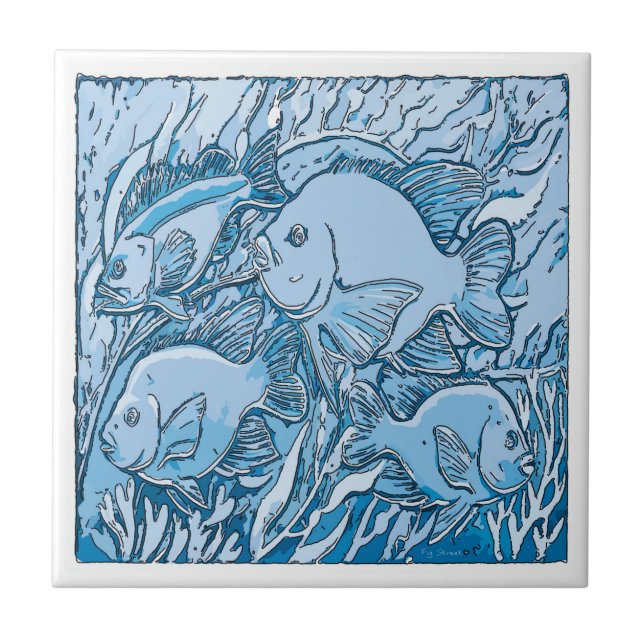Blue Fish and Seaweed, Blue Dutch Delft Look Tile (Front)