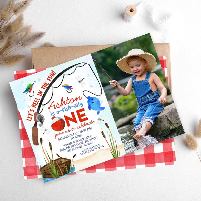 Blue Fish Boat Photo Ofishally One 1st Birthday Invitation (Boys Fishing 1st Birthday Invitation Ofishally One 1st Birthday Invitation Blue Fish Reel In The Fun)