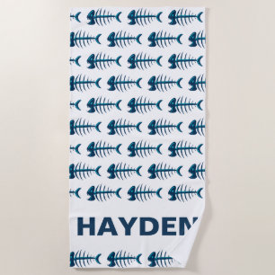 Blue Fish Bones Pattern Personalised Beach Towel