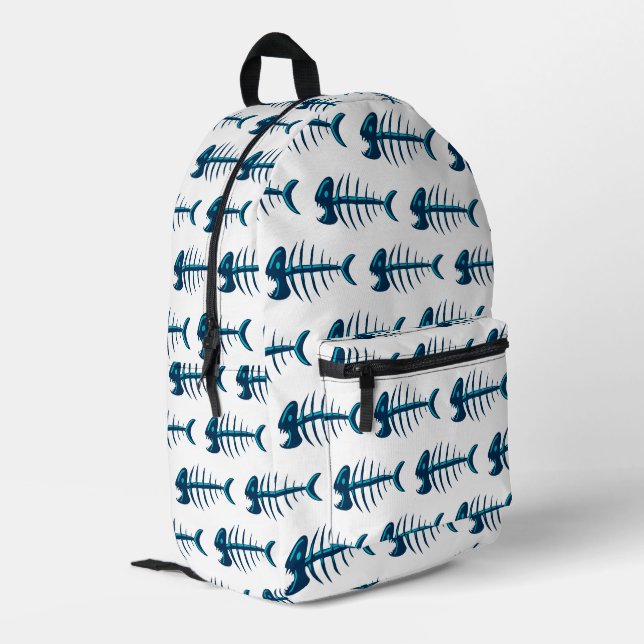 Blue Fish Bones Pattern Printed Backpack (Back Corner Left)
