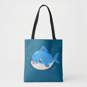 Blue Fish Drawing, Cartoon Style Tote Bag